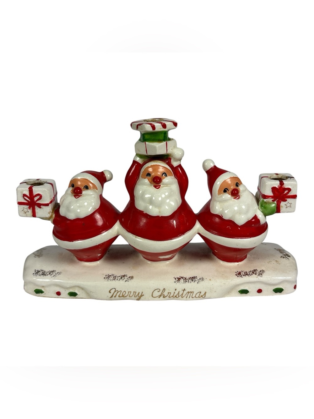Vintage Holt Howard Ceramic Triple Santa Candleholder Merry Christmas Japan
